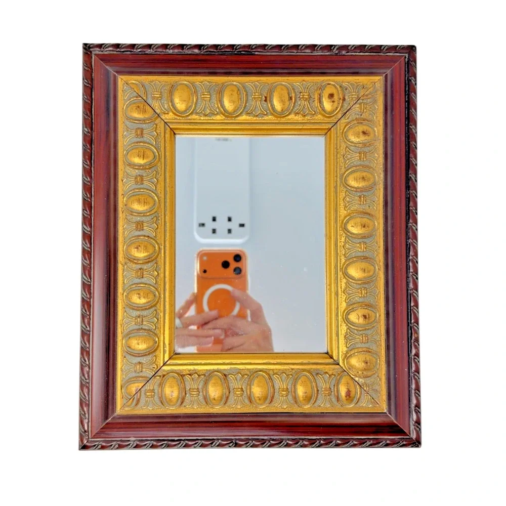 Vintage Wall Mirror Faux Wood Gilt Embossed Frame 12x10 Decorative
